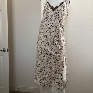 A New Day, NWOT, midi, size L, slip dress with slit, cream w/ black spots